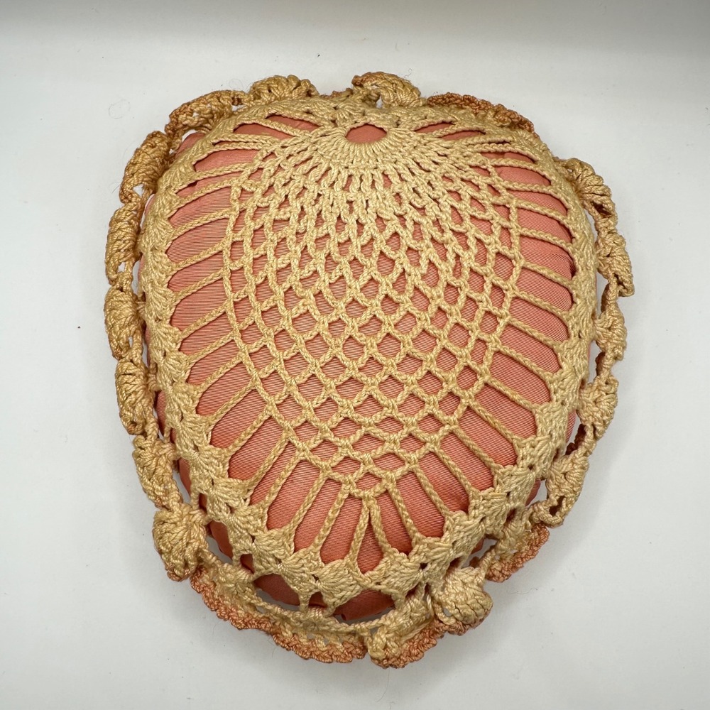 Vintage Handmade Heart Crochet Lace Decorative Pillow Pin Cushion Pink Satin